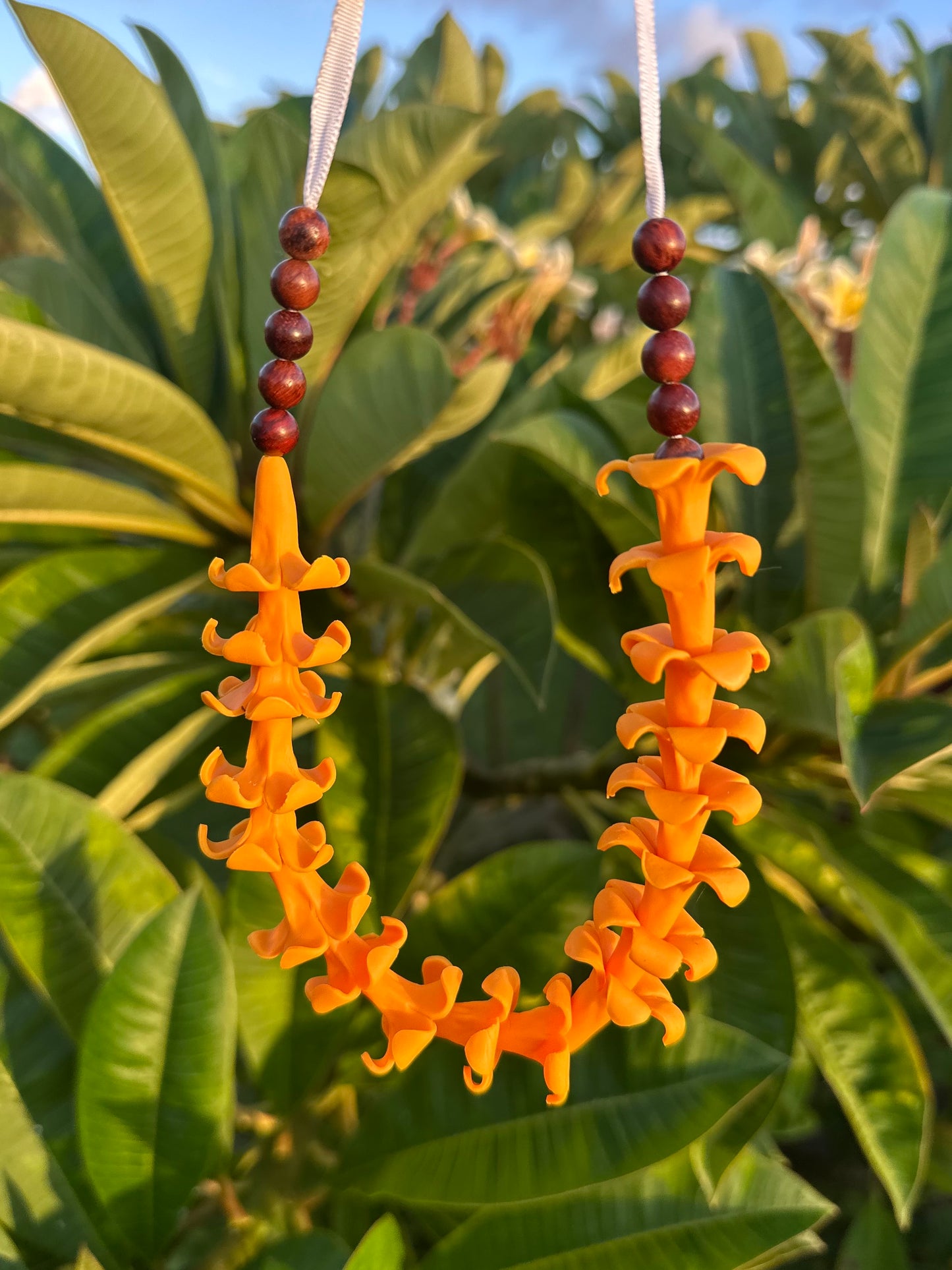 Handmade Car Lei: Clay Flowers and Sandalwood Beads, Hawaiian Rearview Mirror Charm