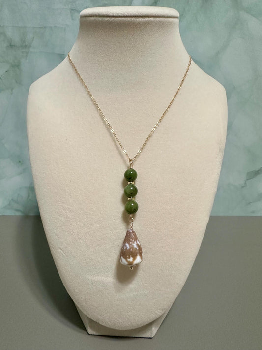 Island Elegance – Jade & Hawaiian Cone Shell Necklace - 14K Gold Filled