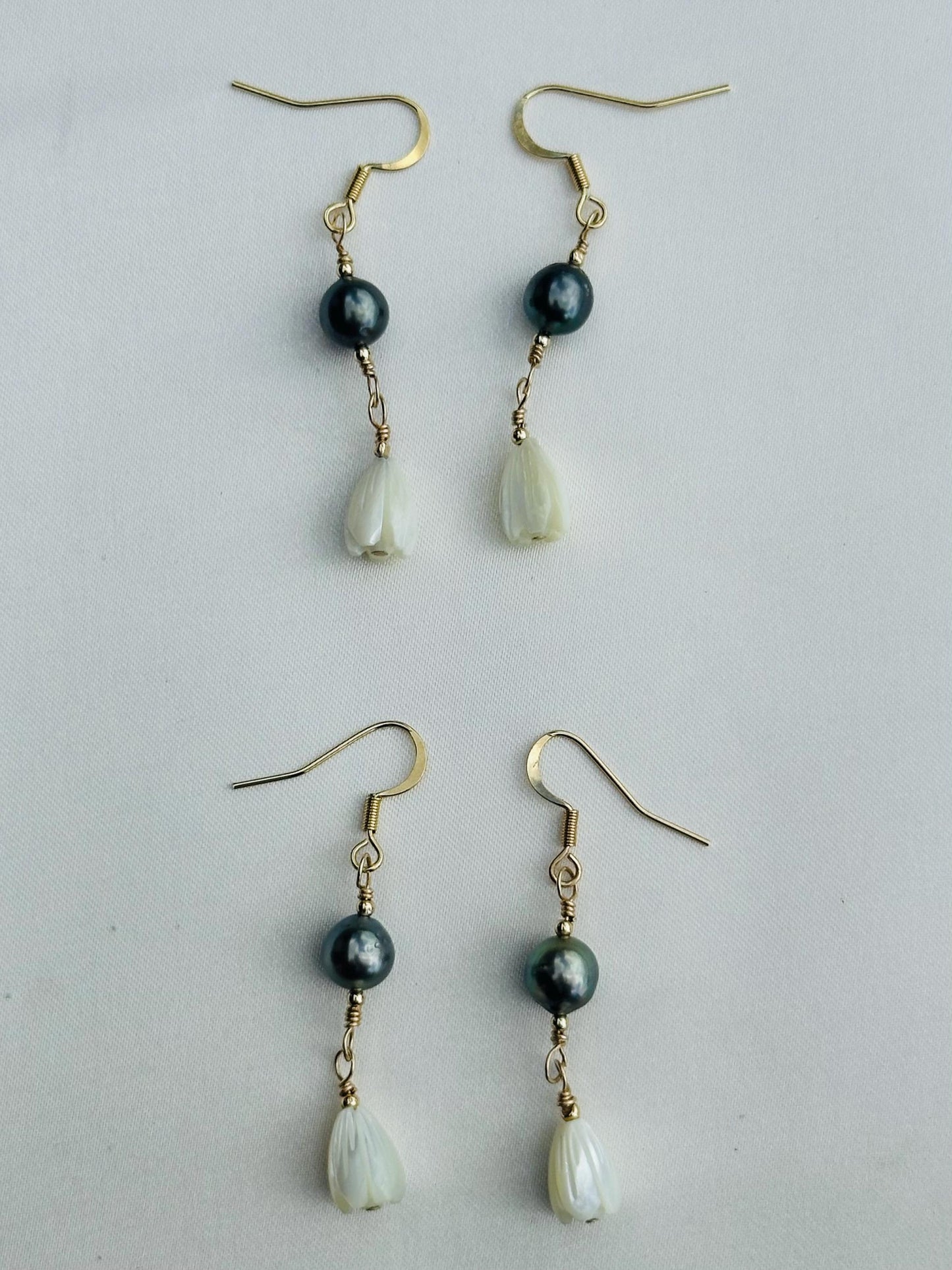 Tahitian Pearl & Mother of Pearl Pikake Bud Earrings | 14k Gold Filled | Handmade Jewelry
