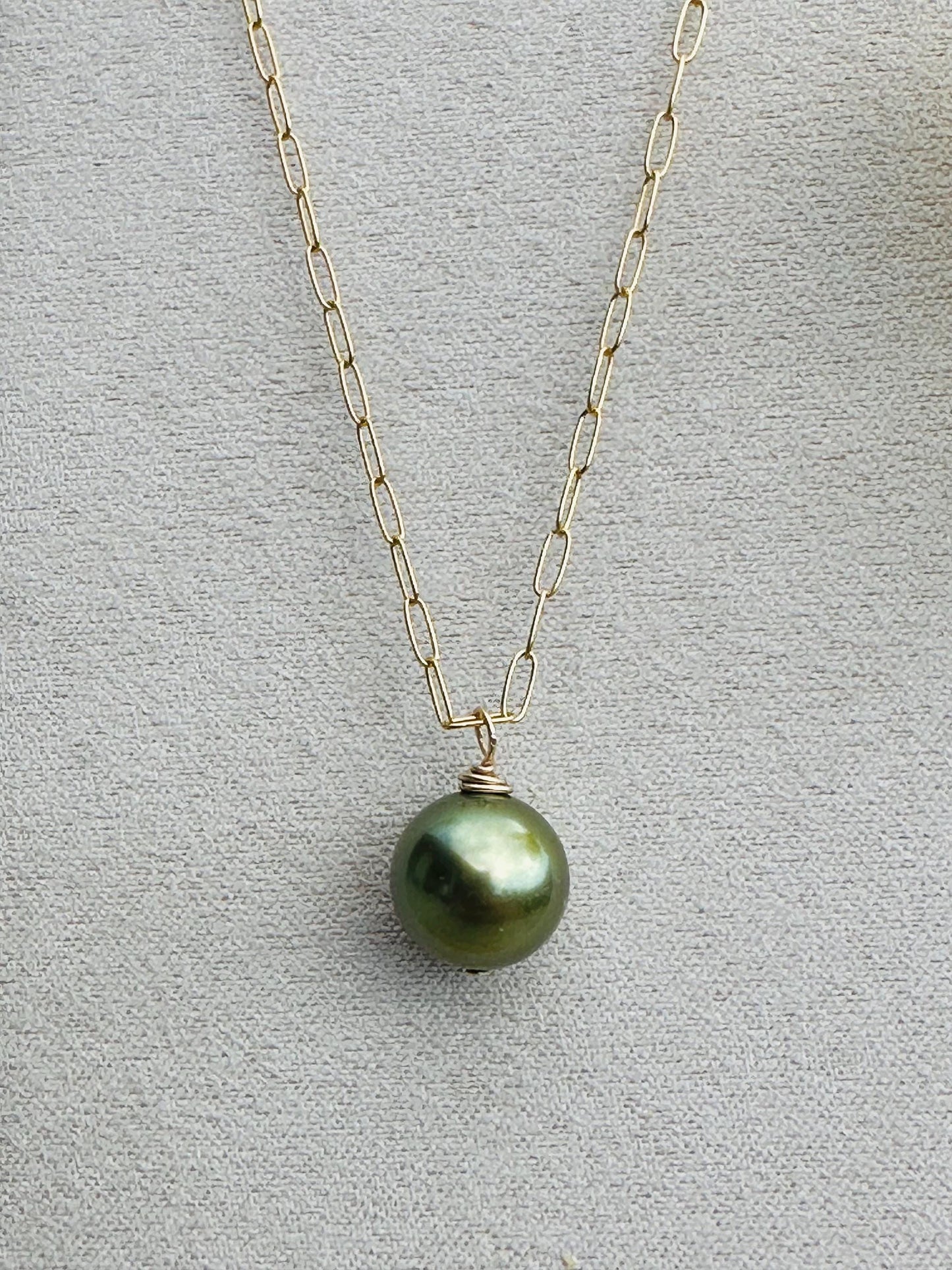 AAA Pistachio Tahitian Pearl Necklace – 10mm Pearl on 14k Gold Filled Paperclip Chain – Luxe Hawaiian Jewelry