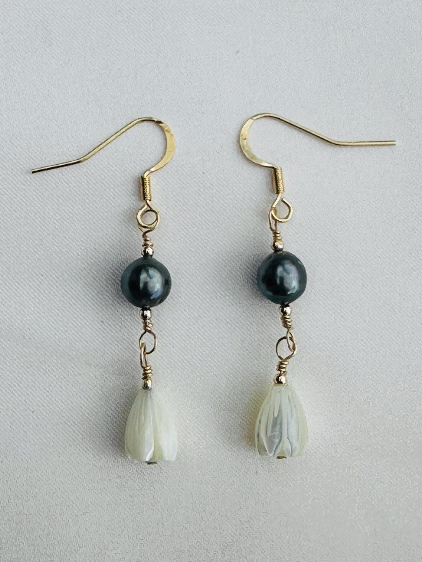 Tahitian Pearl & Mother of Pearl Pikake Bud Earrings | 14k Gold Filled | Handmade Jewelry