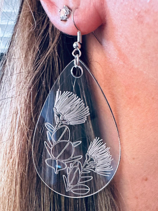 Ohia Lehua Flower Earrings – Etched Acrylic Teardrop Earrings | Hawaiian Jewelry