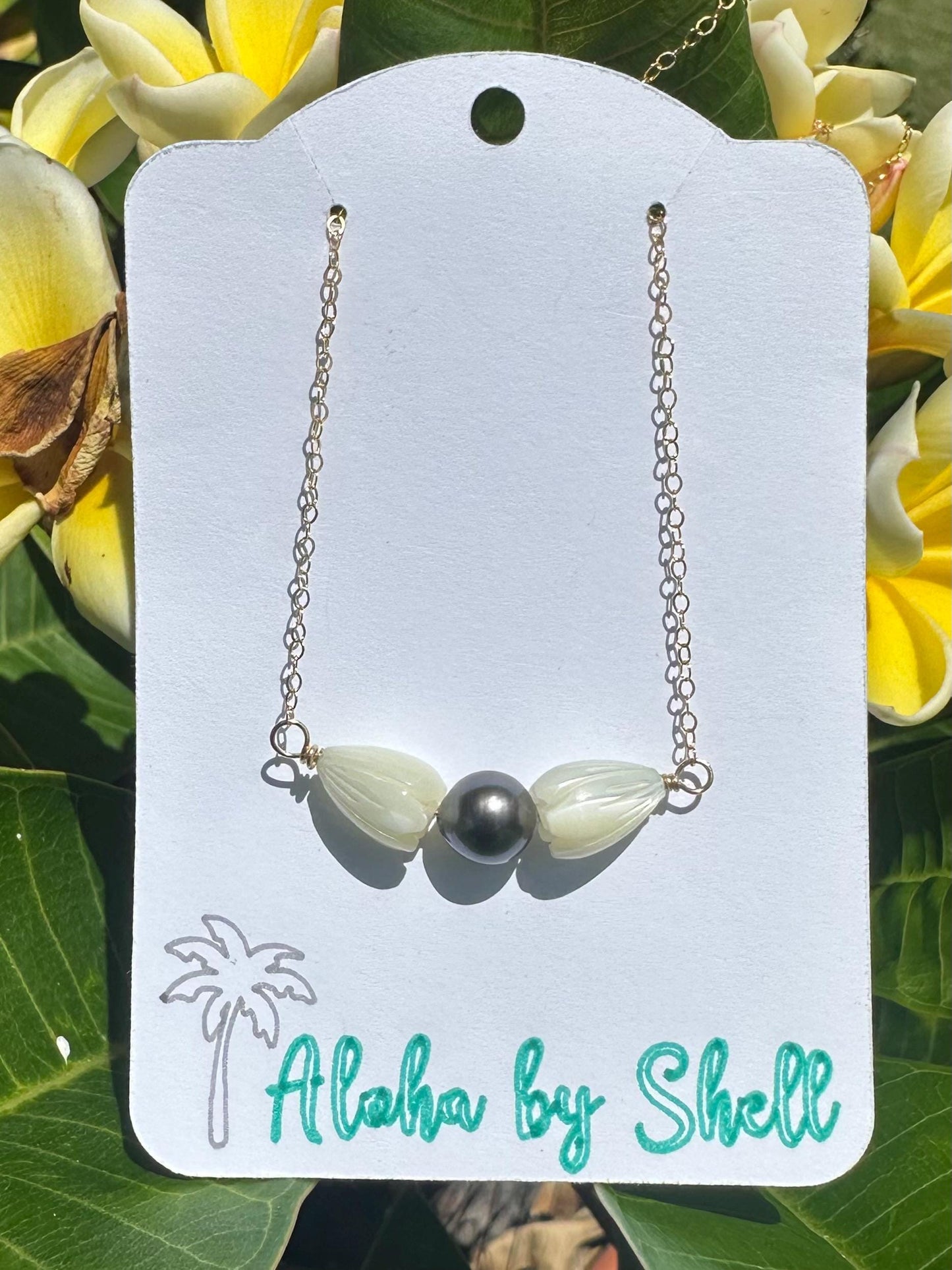 Tahitian Pearl Pikake Necklace – Hawaiian Jewelry with 14k Gold Filled Chain & Mother of Pearl Flowers