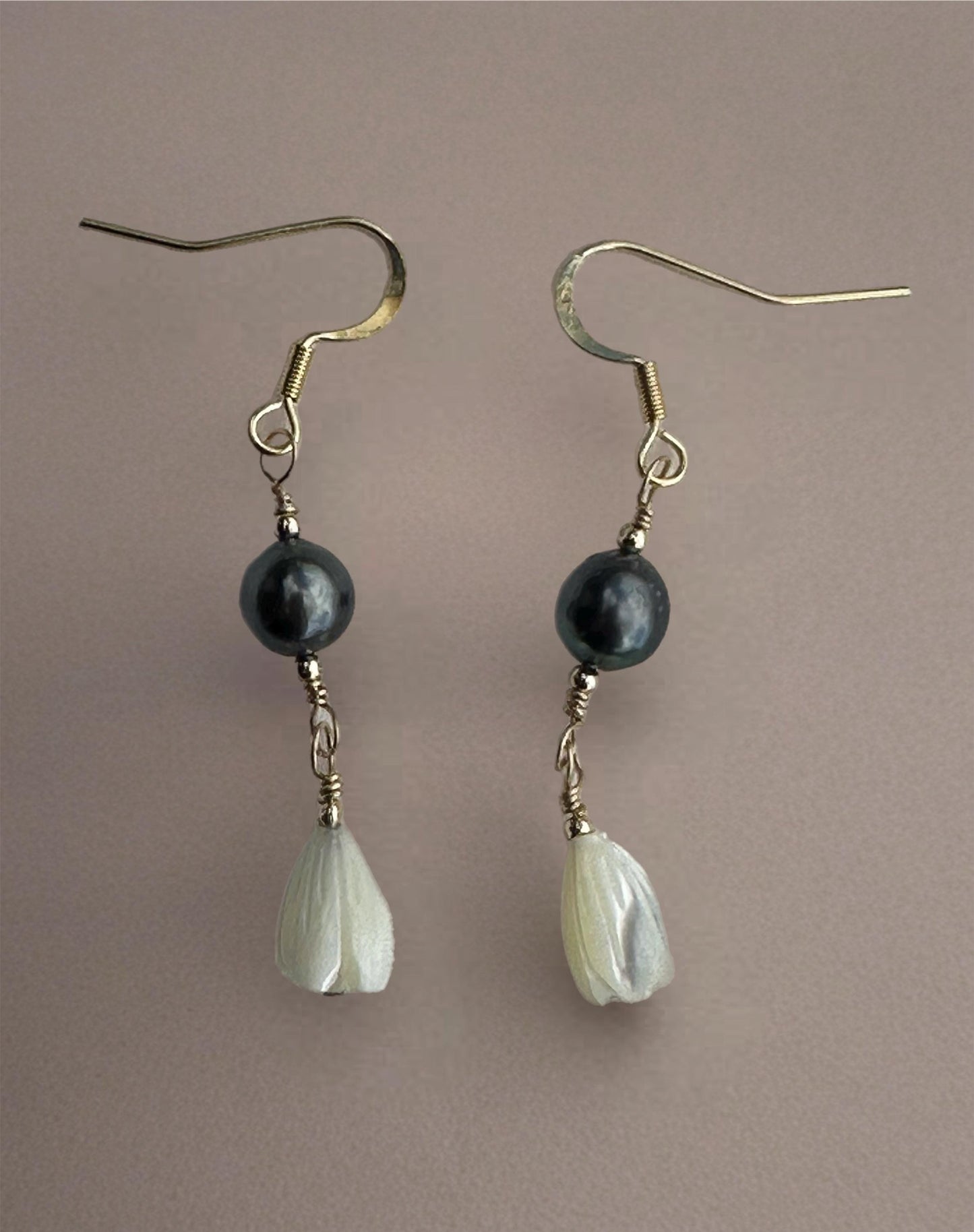 Tahitian Pearl & Mother of Pearl Pikake Bud Earrings | 14k Gold Filled | Handmade Jewelry