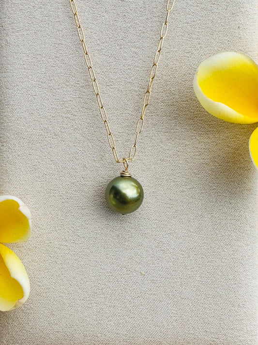 AAA Pistachio Tahitian Pearl Necklace – 10mm Pearl on 14k Gold Filled Paperclip Chain – Luxe Hawaiian Jewelry
