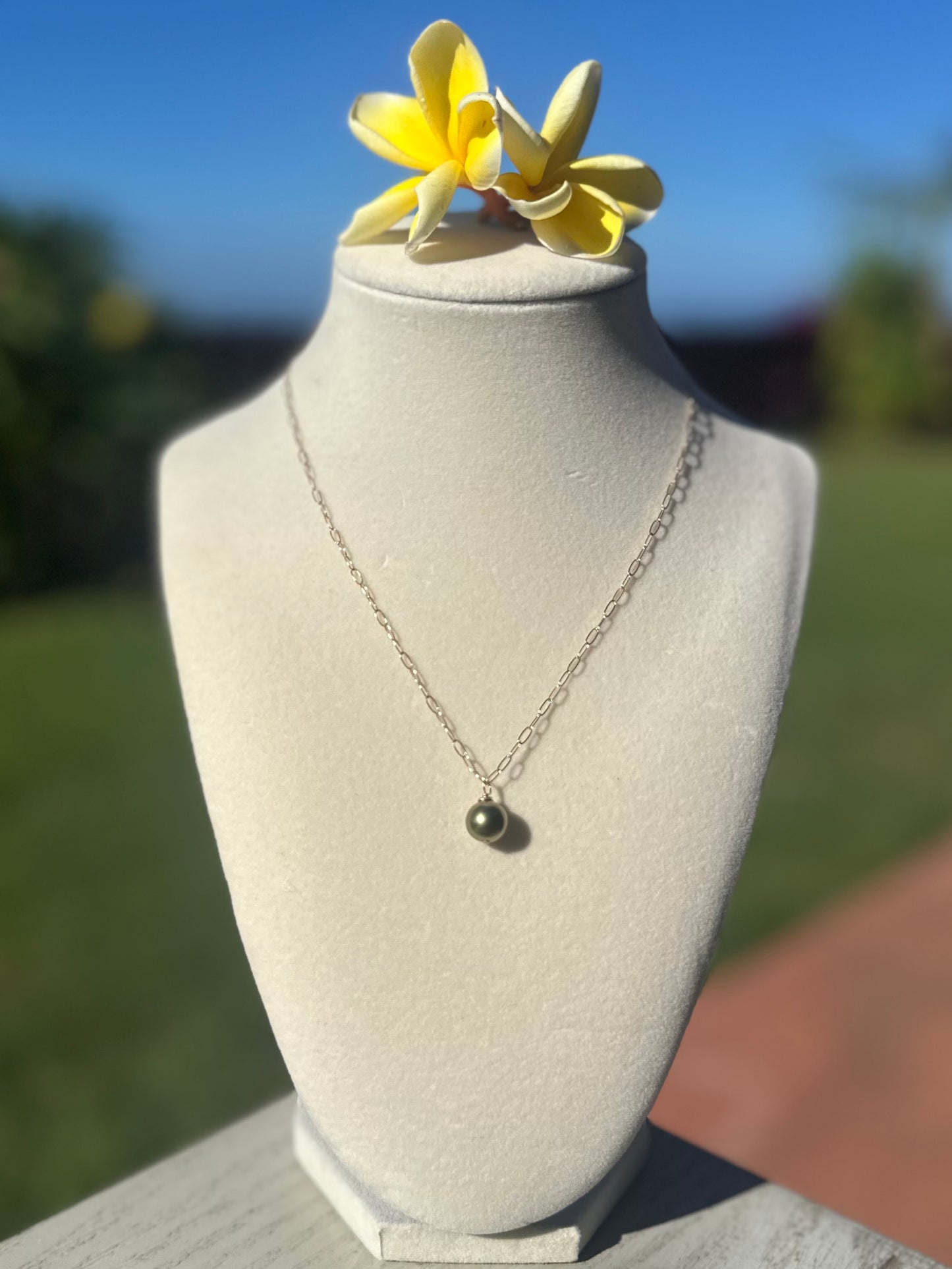 8mm Pistachio Tahitian Pearl Necklace – 14k Gold Filled Paperclip Chain – Luxe Hawaiian Jewelry