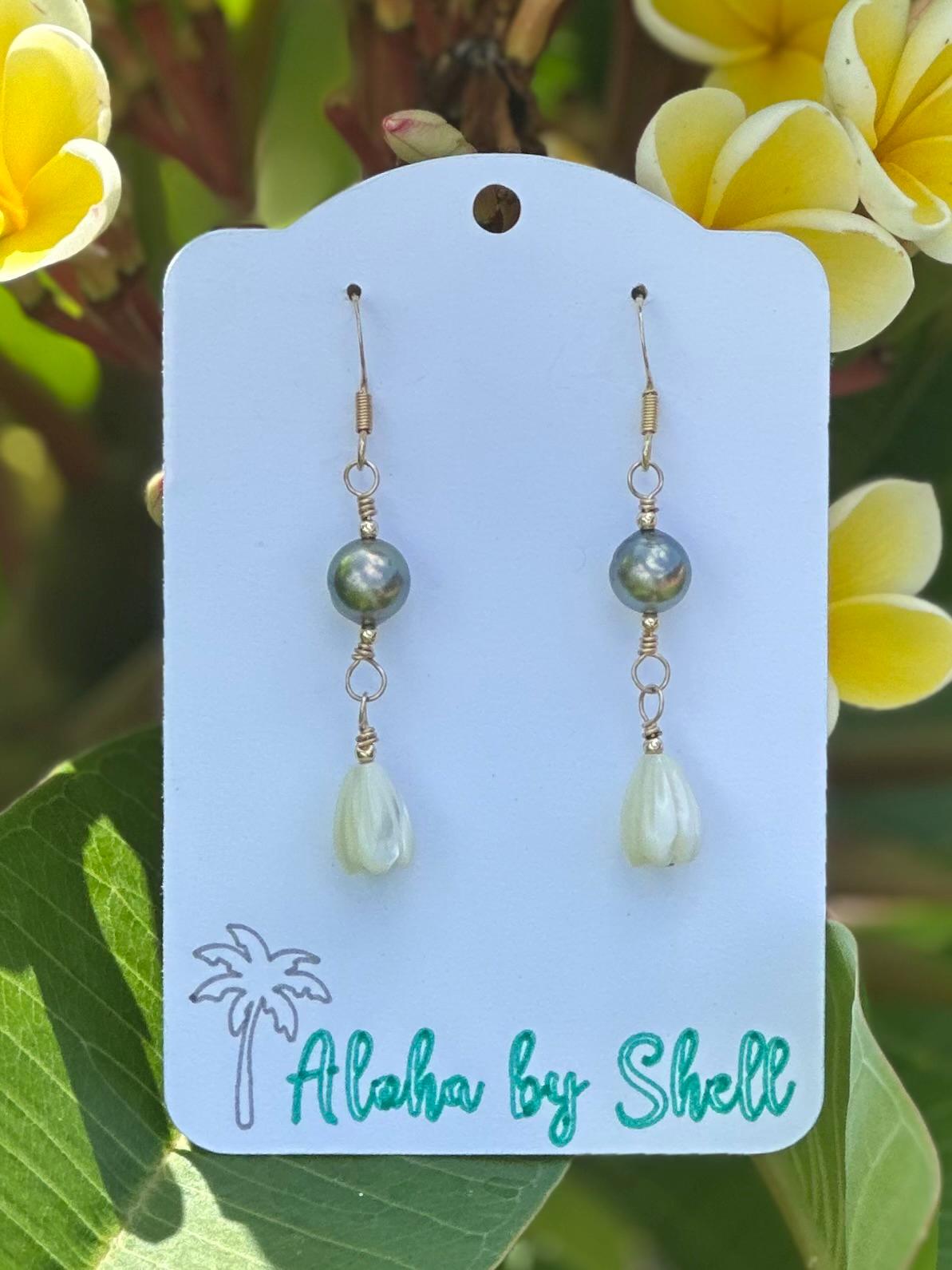 Tahitian Pearl & Mother of Pearl Pikake Bud Earrings | 14k Gold Filled | Handmade Jewelry