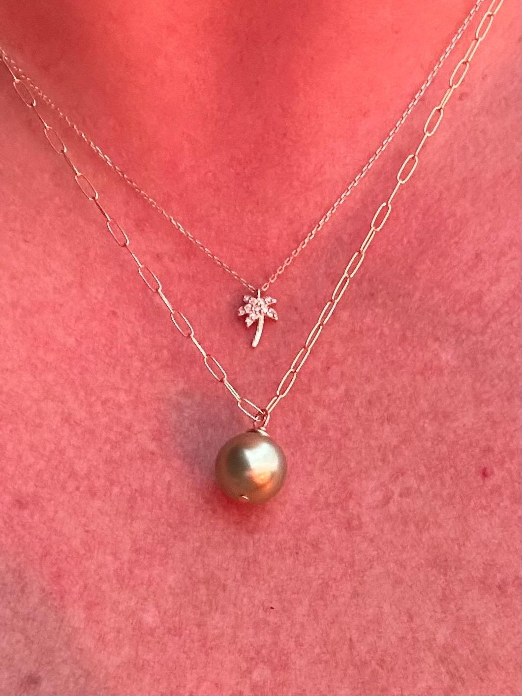 AAA Pistachio Tahitian Pearl Necklace – 10mm Pearl on 14k Gold Filled Paperclip Chain – Luxe Hawaiian Jewelry