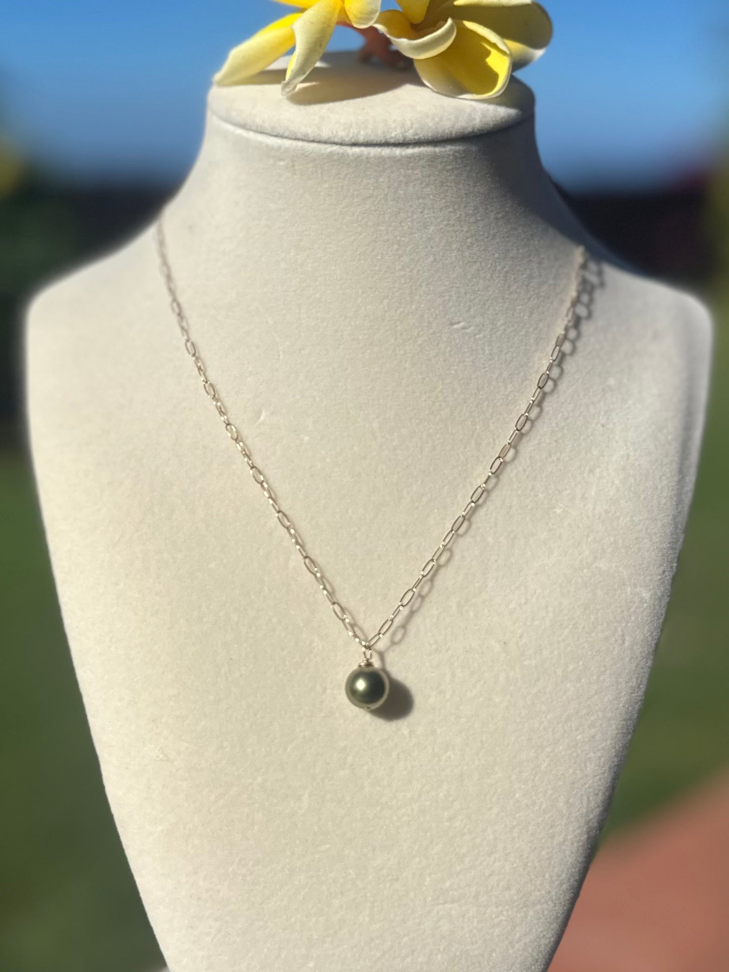 8mm Pistachio Tahitian Pearl Necklace – 14k Gold Filled Paperclip Chain – Luxe Hawaiian Jewelry