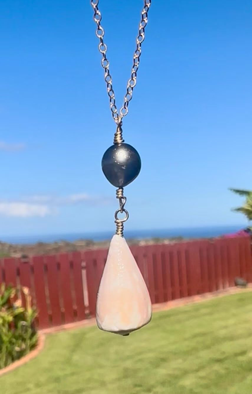 Hawaiian Cone Shell & Tahitian Pearl Necklace – 14k Gold Filled, 16” + 2” Extender