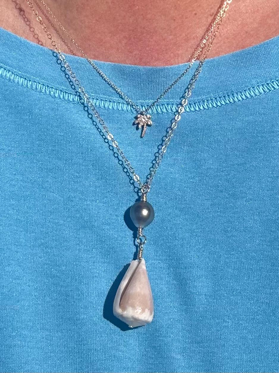 Hawaiian Cone Shell & Tahitian Pearl Necklace – 14k Gold Filled, 16” + 2” Extender