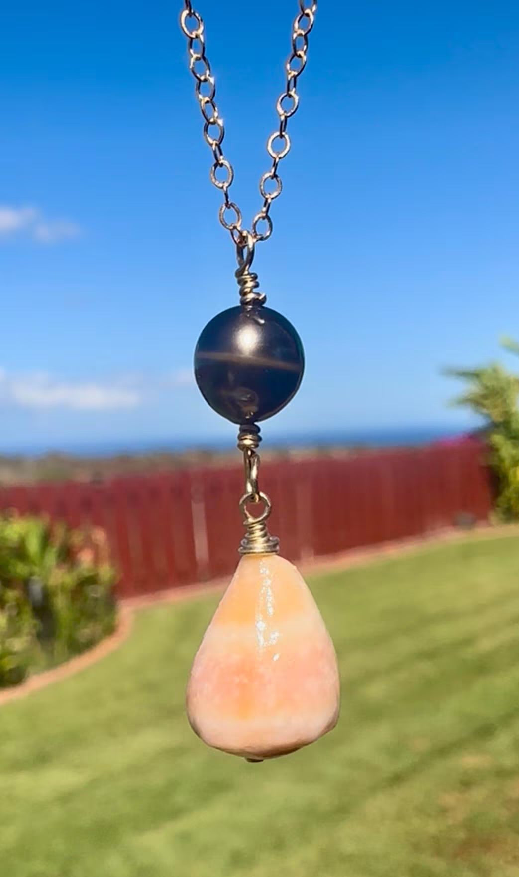 Hawaiian Cone Shell & Tahitian Pearl Necklace – 14k Gold Filled, 16” + 2” Extender