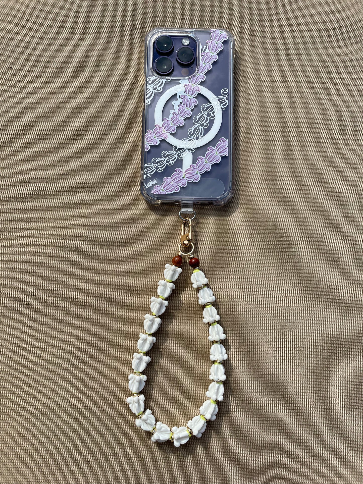 Handcrafted Flower Phone Charm: Hawaiian Lei Wrist Strap