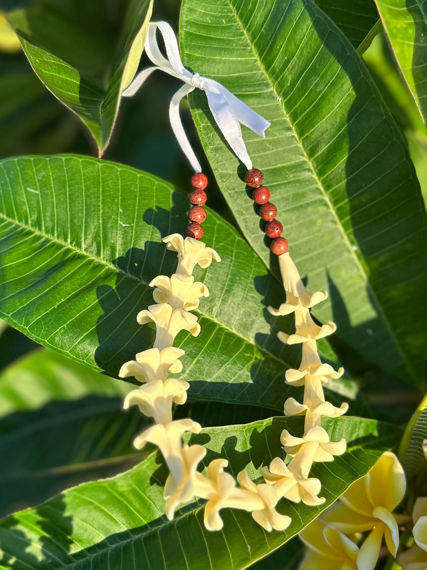Handmade Car Lei: Clay Flowers and Sandalwood Beads, Hawaiian Rearview Mirror Charm