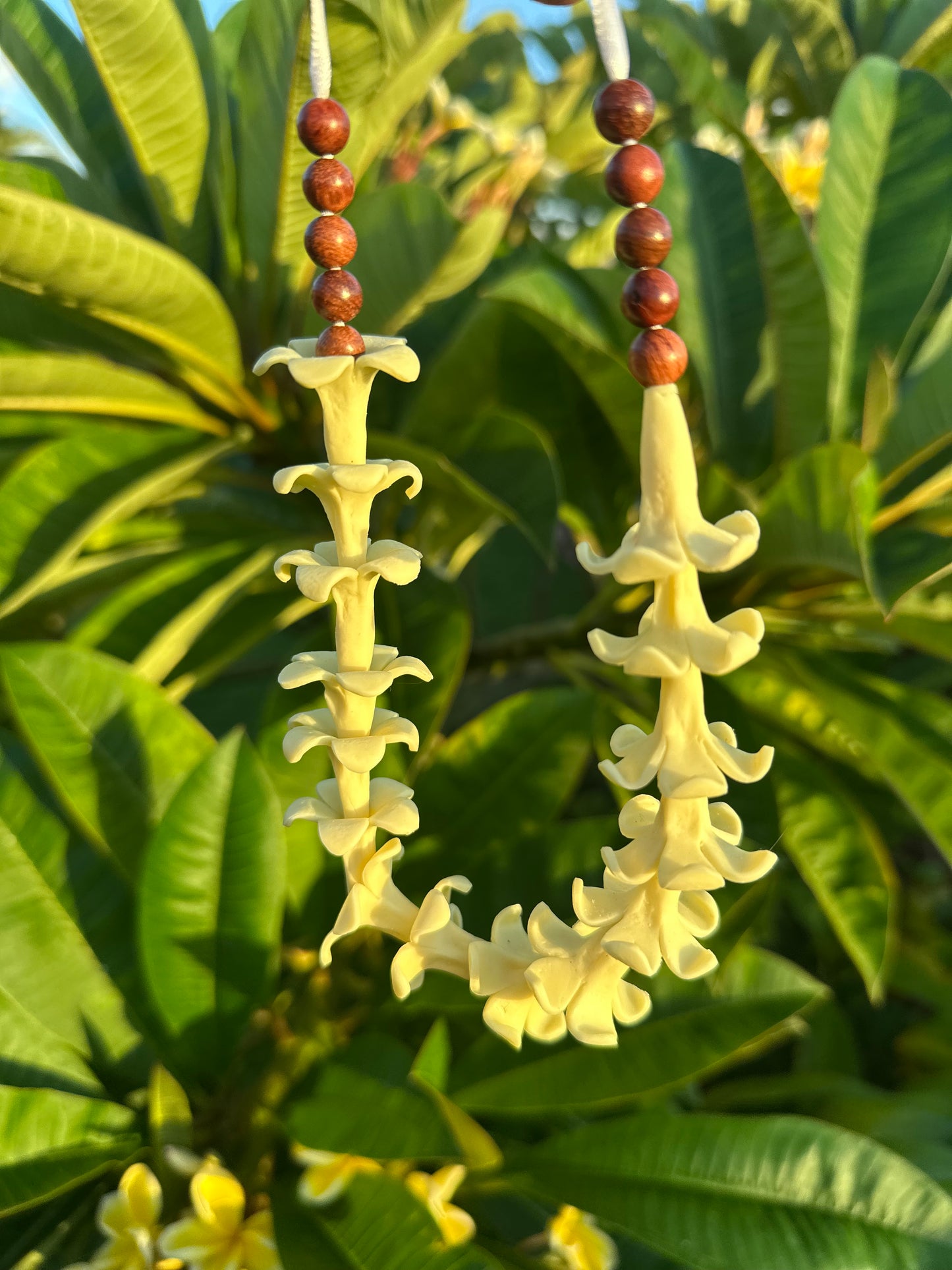 Handmade Car Lei: Clay Flowers and Sandalwood Beads, Hawaiian Rearview Mirror Charm