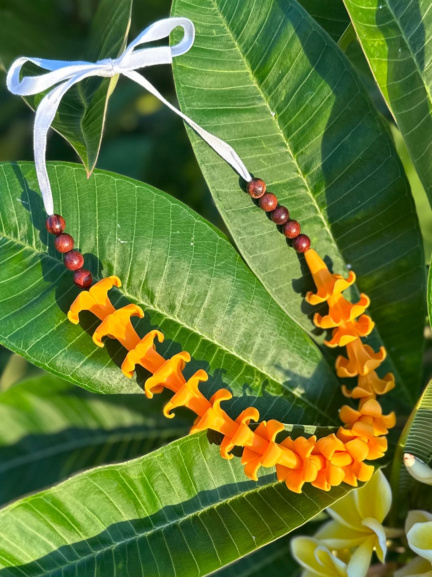 Handmade Car Lei: Clay Flowers and Sandalwood Beads, Hawaiian Rearview Mirror Charm