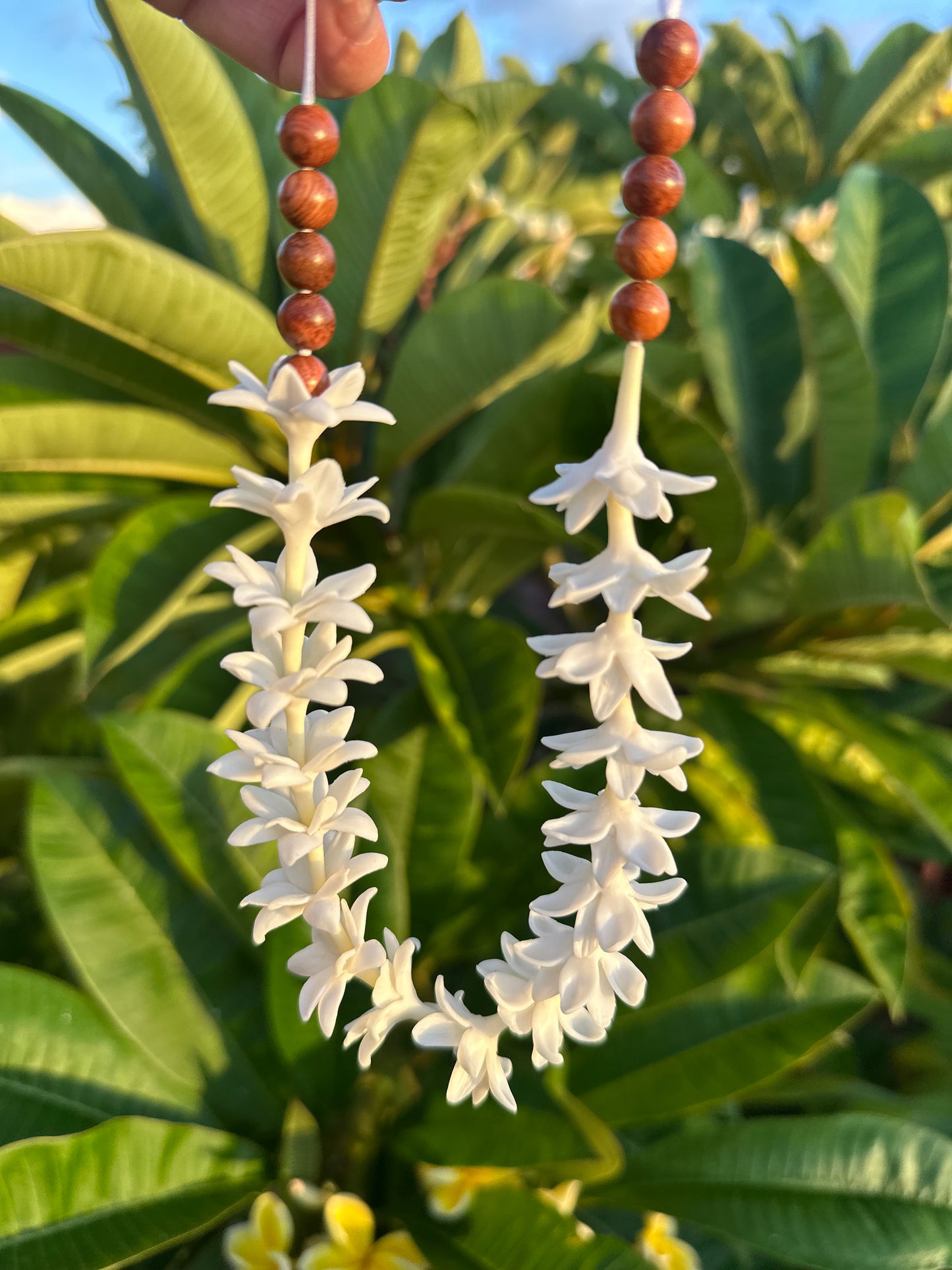 Handmade Car Lei: Clay Flowers and Sandalwood Beads, Hawaiian Rearview Mirror Charm