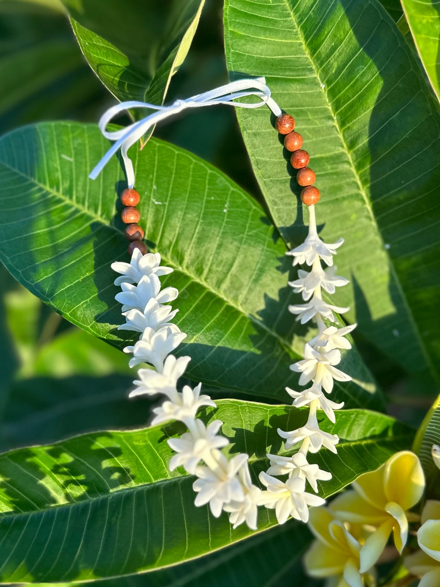 Handmade Car Lei: Clay Flowers and Sandalwood Beads, Hawaiian Rearview Mirror Charm