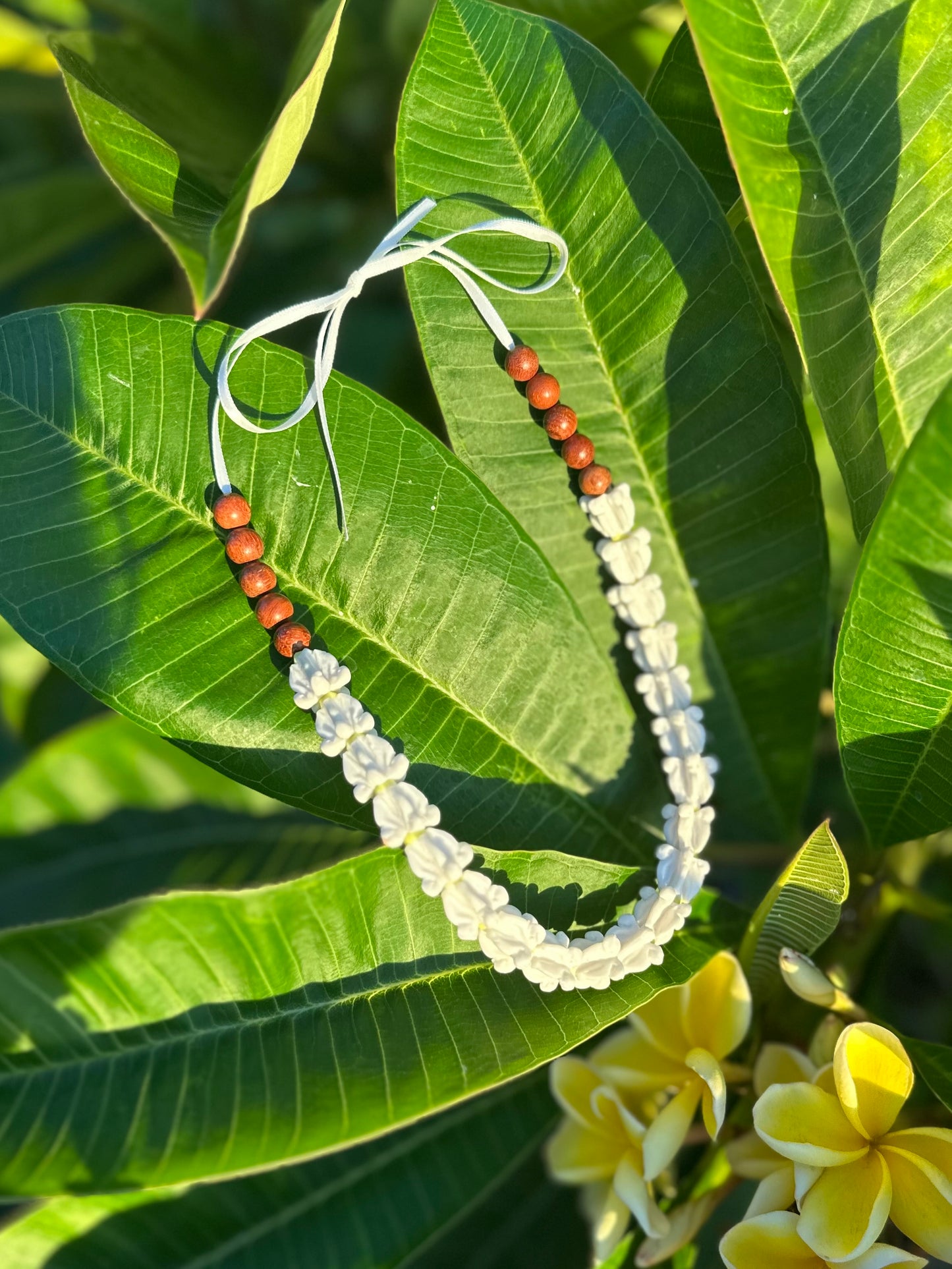 Handmade Car Lei: Clay Flowers and Sandalwood Beads, Hawaiian Rearview Mirror Charm
