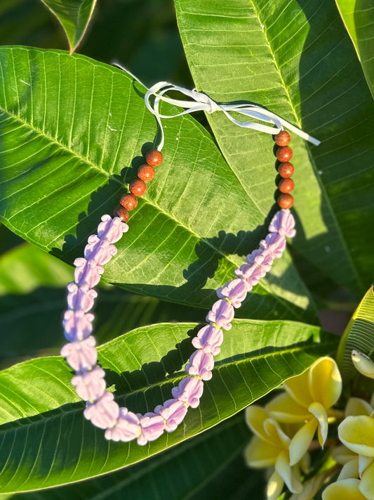 Handmade Car Lei: Clay Flowers and Sandalwood Beads, Hawaiian Rearview Mirror Charm