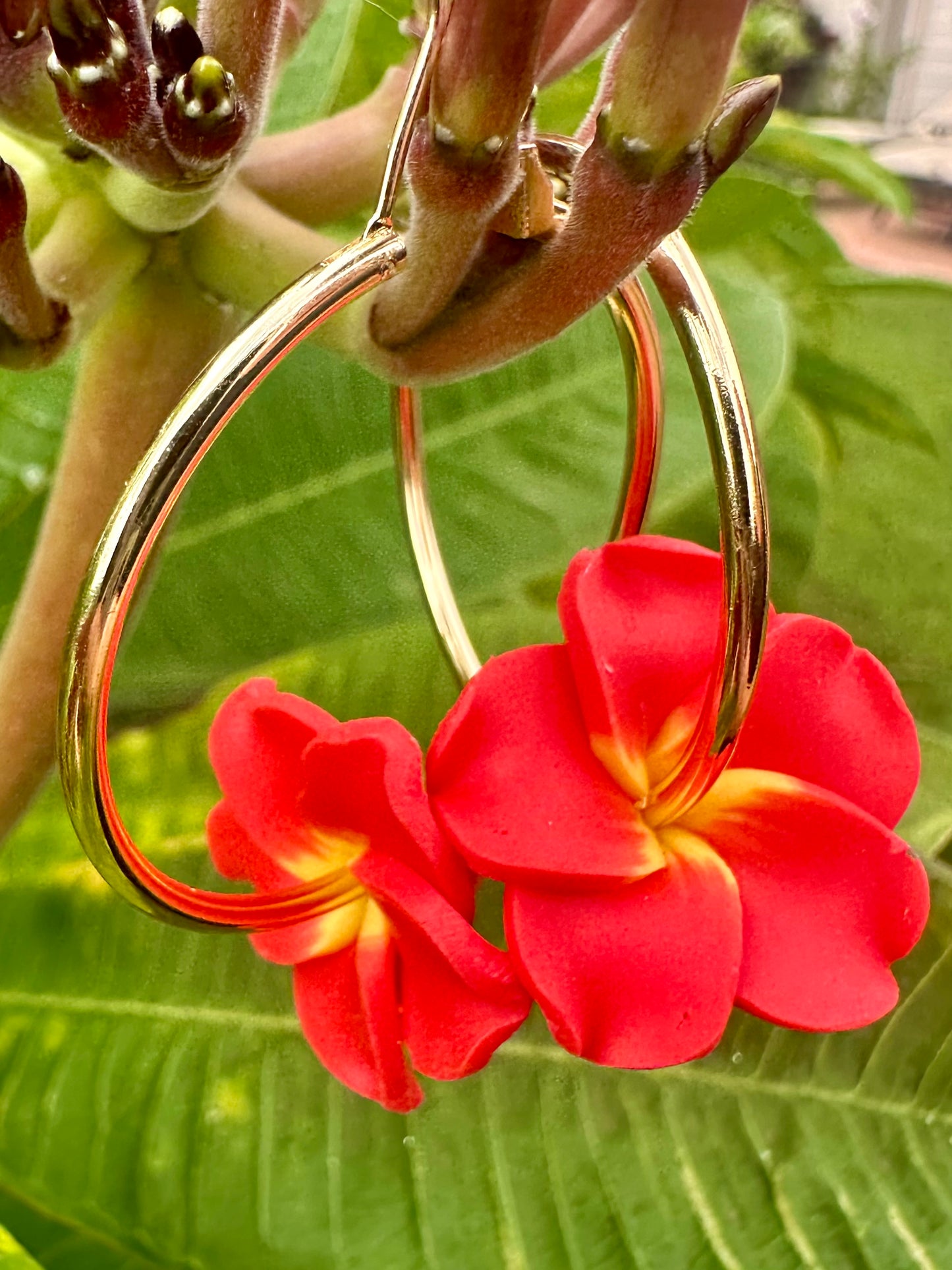 Handmade Flower Earrings | 40mm 14k Gold Filled Hoops | Tropical Island Earrings