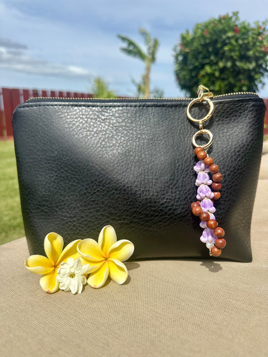 Hawaiian Lei Bag Chain – Sandalwood Beads with Island Flower Charm
