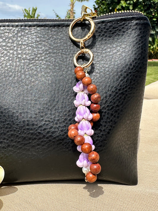 Hawaiian Lei Bag Chain – Sandalwood Beads with Island Flower Charm