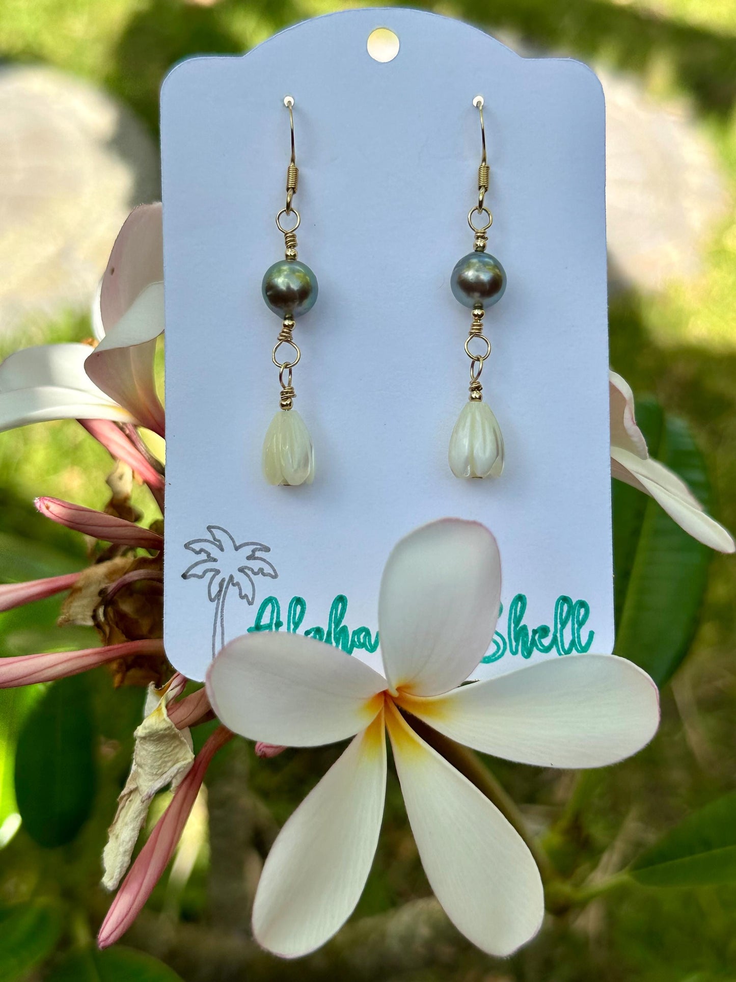 Tahitian Pearl & Mother of Pearl Pikake Bud Earrings | 14k Gold Filled | Handmade Jewelry