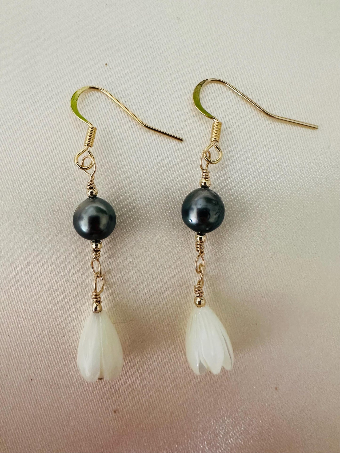 Tahitian Pearl & Mother of Pearl Pikake Bud Earrings | 14k Gold Filled | Handmade Jewelry