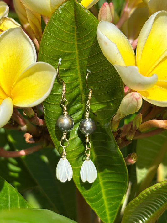 Tahitian Pearl & Mother of Pearl Pikake Bud Earrings | 14k Gold Filled | Handmade Jewelry