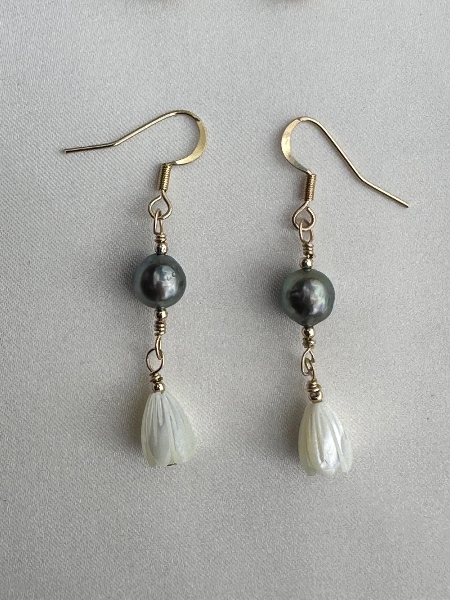 Tahitian Pearl & Mother of Pearl Pikake Bud Earrings | 14k Gold Filled | Handmade Jewelry