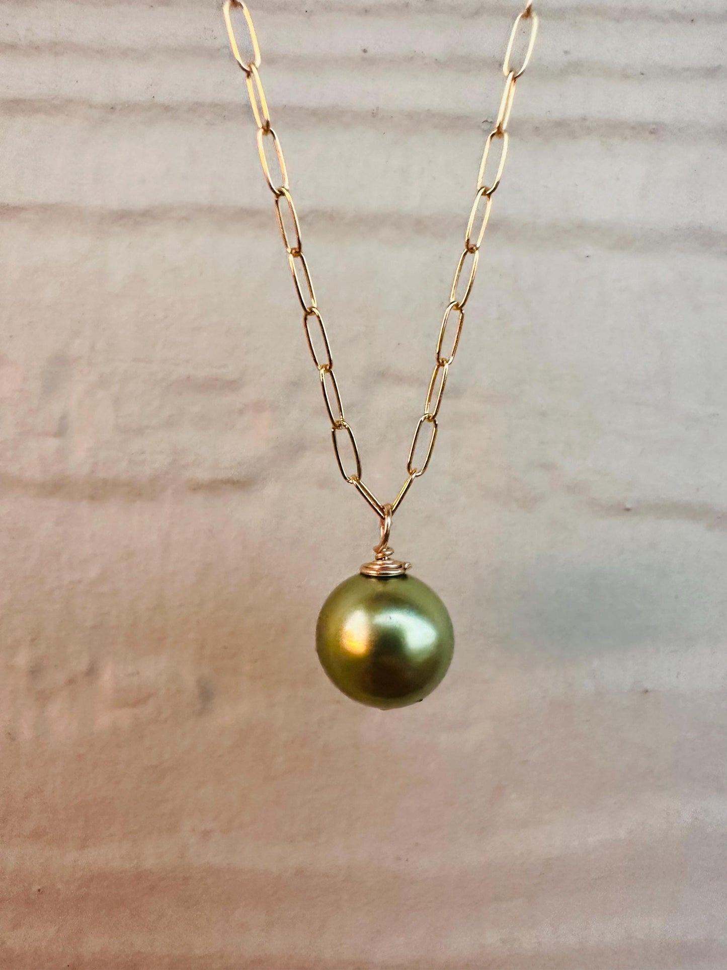 AAA Pistachio Tahitian Pearl Necklace – 10mm Pearl on 14k Gold Filled Paperclip Chain – Luxe Hawaiian Jewelry