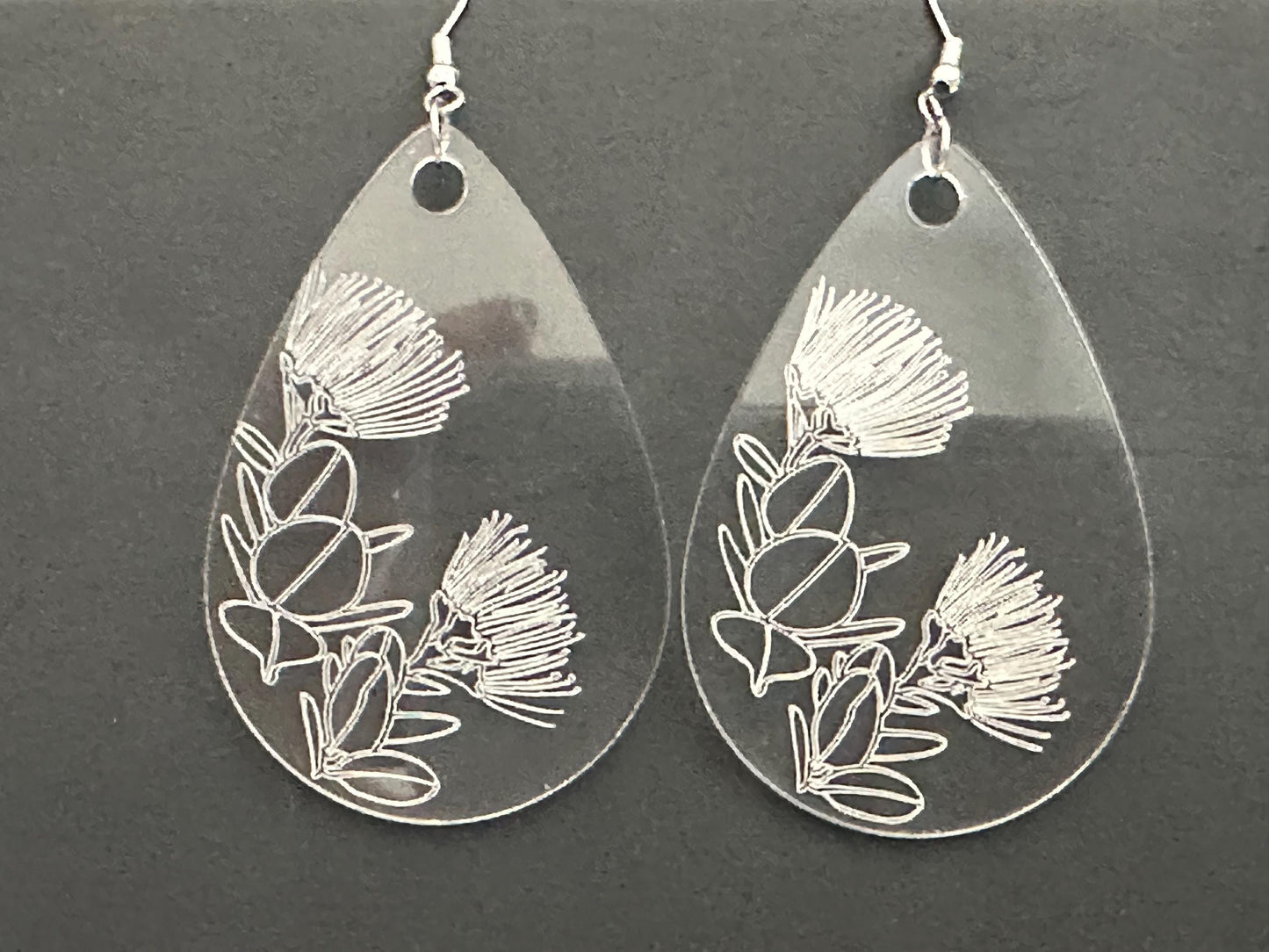 Ohia Lehua Flower Earrings – Etched Acrylic Teardrop Earrings | Hawaiian Jewelry