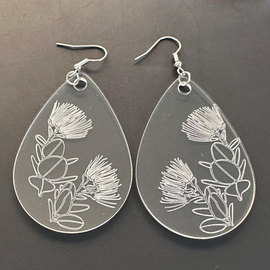 Ohia Lehua Flower Earrings – Etched Acrylic Teardrop Earrings | Hawaiian Jewelry