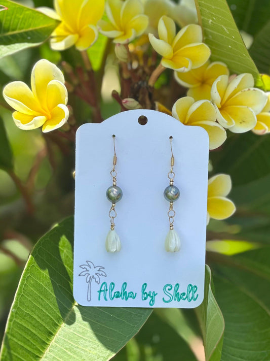 Tahitian Pearl & Mother of Pearl Pikake Bud Earrings | 14k Gold Filled | Handmade Jewelry