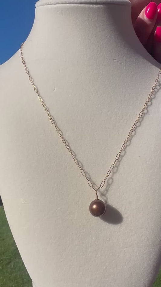 9mm Chocolate Tahitian Pearl Necklace – 14k Gold Filled Paperclip Chain – Luxe Hawaiian Jewelry (Copy)