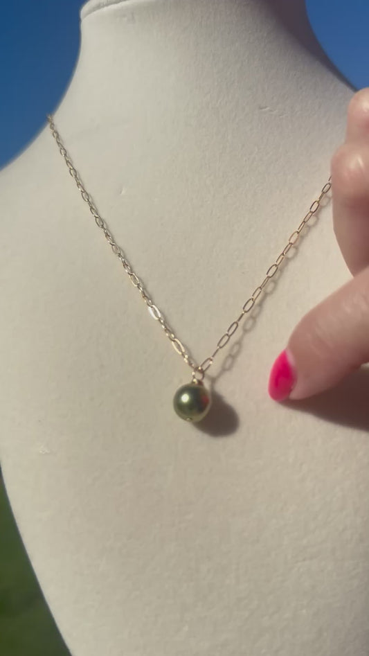 8mm Pistachio Tahitian Pearl Necklace – 14k Gold Filled Paperclip Chain – Luxe Hawaiian Jewelry